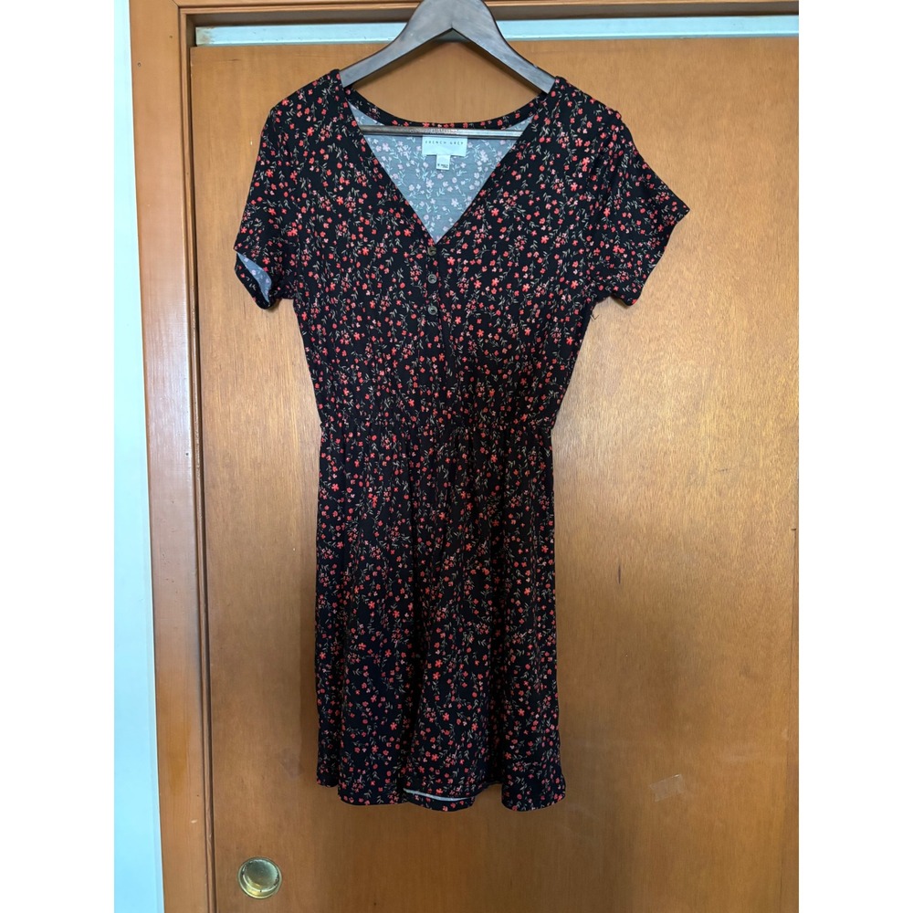 French Grey‎ Floral Print Dress Short Sleeve Casual Comfy Black Red M